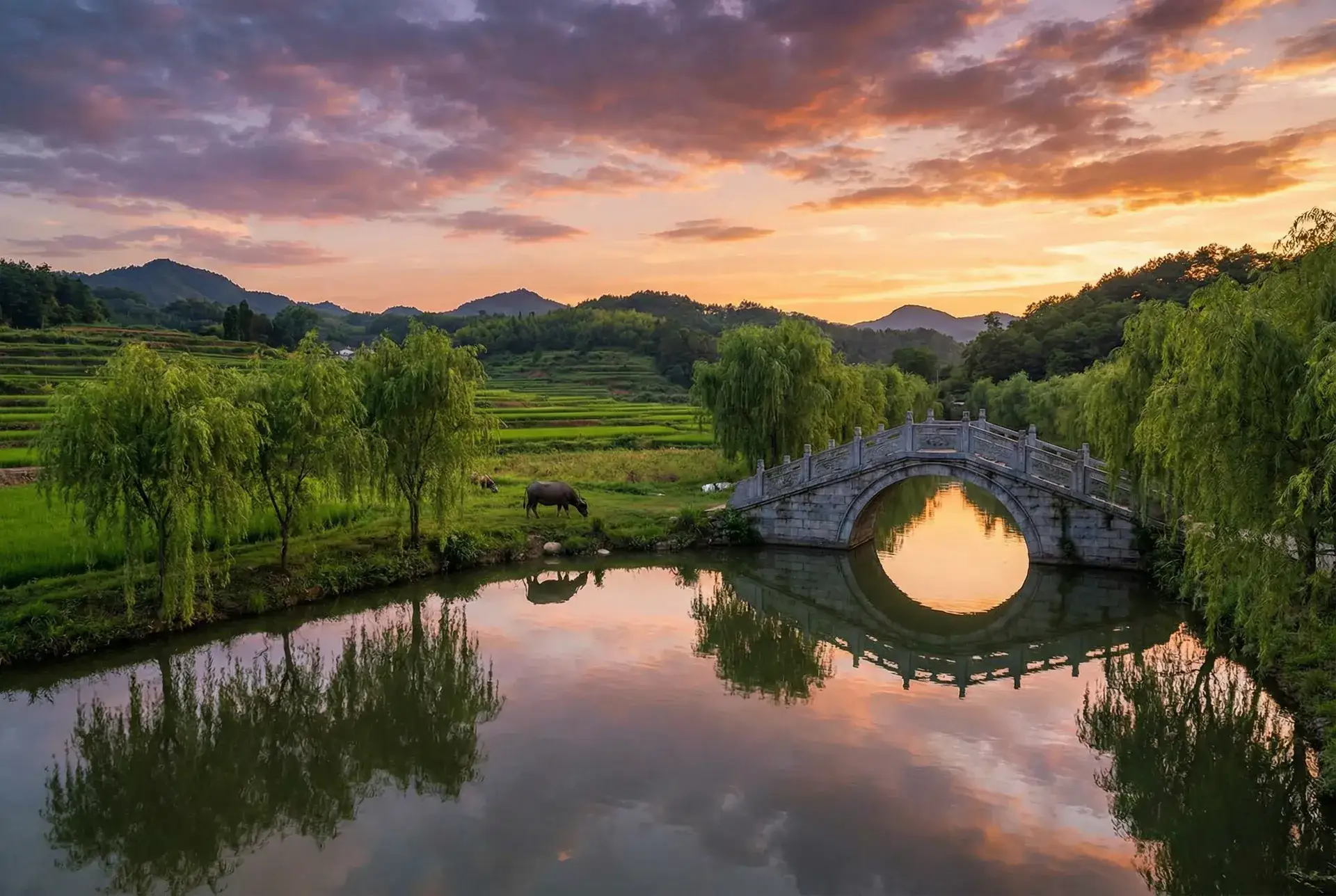 夕阳下的石拱桥与垂柳，水牛在河边吃草 - 感动之星 乡村美景